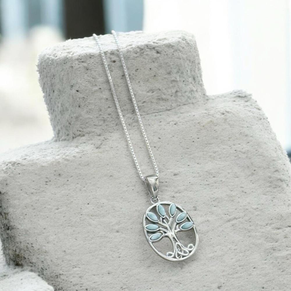 NWT 925 Sterling Silver with Natural Larimar Tree of Life Necklace! NEW! - Picture 2 of 4